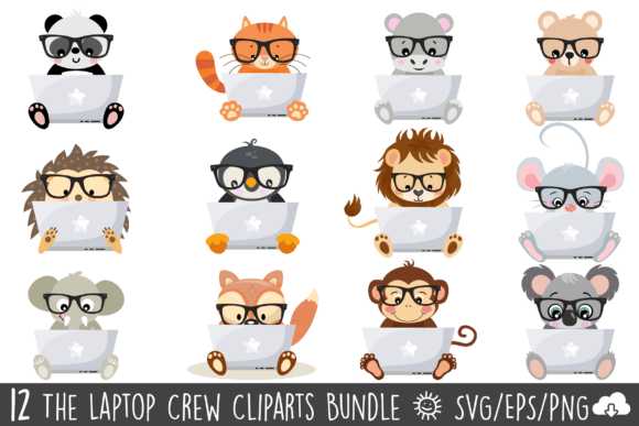 Animals Working on Laptop Clipart Bundle Graphics and Illustrations