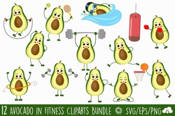 Avocado Fitness Cliparts Bundle: Graphics & Illustrations
