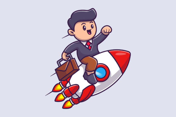 Cute Business Man Riding Rocket Cartoon Graphics