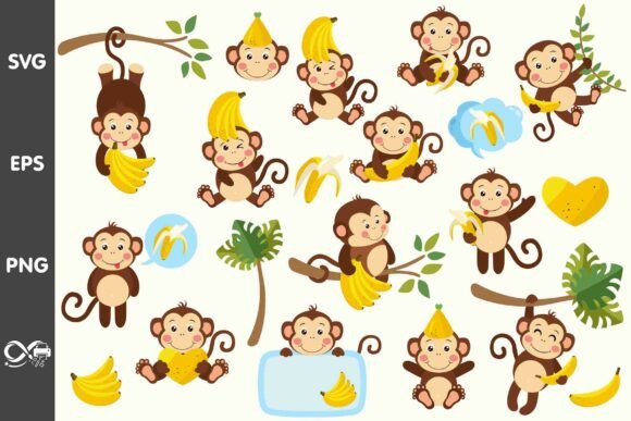 Cute Monkey and Banana Vector Bundle for Graphics Crafts
