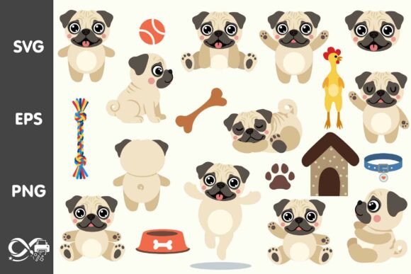 Cute Pug Puppy Vector Clipart Bundle for Crafts Graphics
