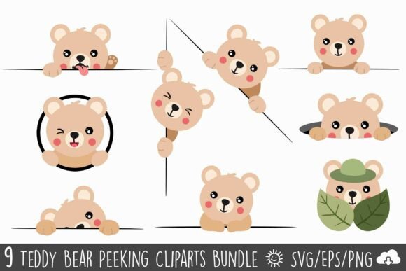 Cute Teddy Bear Peeking Vector Bundle: Graphics & Illustrations