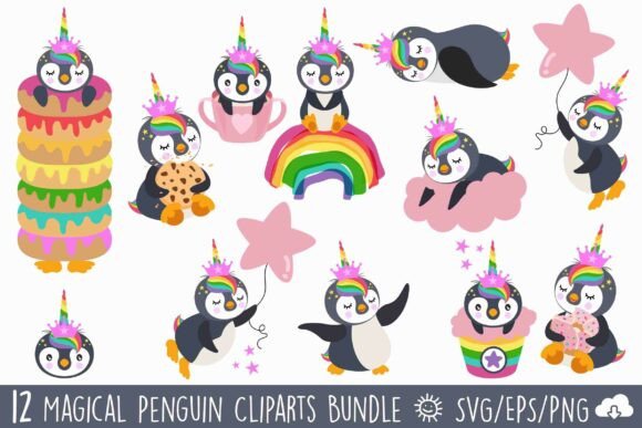 Magical Unicorn Penguin Clipart Bundle: Graphics and Illustrations