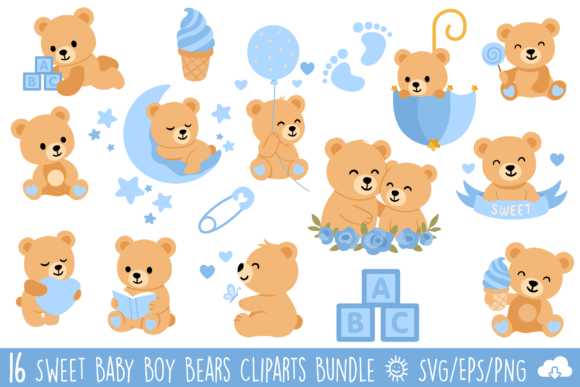 Sweet Baby Boy Bear Clipart Bundle: Graphics & Illustrations