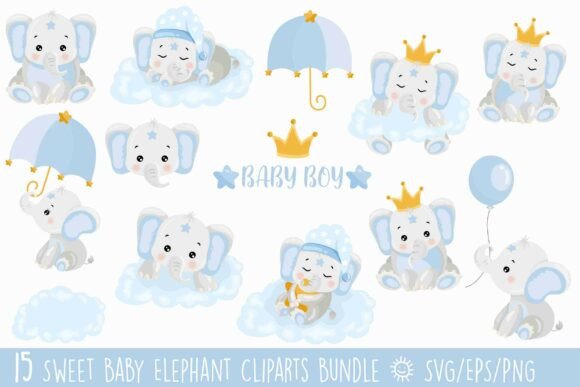 Sweet Baby Boy Elephant Clipart Bundle: Graphics & Illustrations