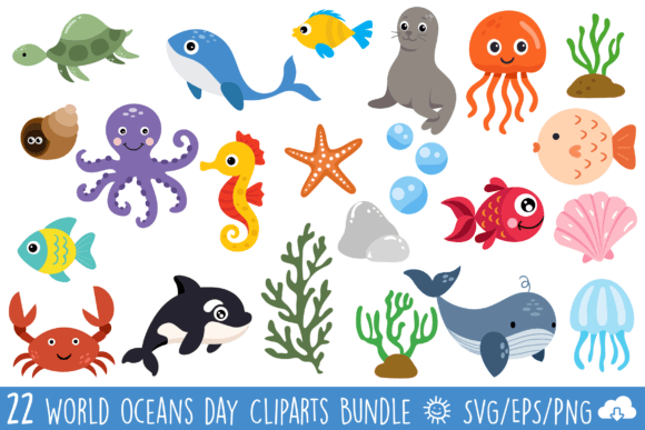 World Oceans Day Animals Clipart Bundle: Graphics & Illustrations